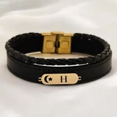14 Ayar Altın Plakalı Harfe Özel Hakiki Siyah Derili Ay Yıldız Motifli Hediye Bileklik-612 thumbnail 1