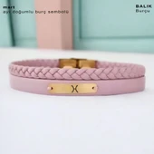 14 Ayar Altın Plakalı Doğum Ayına Özel Doğal Pembe Derili Dikdörtgen Figürlü Hediye Bileklik-613 thumbnail 1