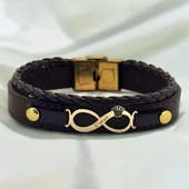 14 Ayar Altın Plakalı İsme Özel Taç Detaylı Sonsuzluk Motifli Hakiki Kahverengi Derili Hediye Bileklik-614 thumbnail 1
