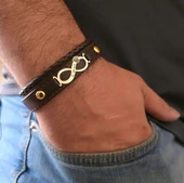 14 Ayar Altın Plakalı İsme Özel Taç Detaylı Sonsuzluk Motifli Hakiki Kahverengi Derili Hediye Bileklik-614 thumbnail 2