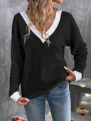 Kadın Uzun Kollu V Yakalı Waffle Bluz thumbnail 6