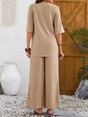 Kadın Kısa Kollu V Hakim Yaka Düğmeli Bürümcük Bluz Ve Pantolon Ikili Takım thumbnail 6