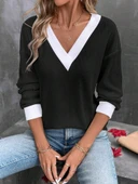 Kadın Uzun Kollu V Yakalı Waffle Bluz thumbnail 1