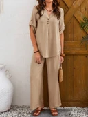 Kadın Kısa Kollu V Hakim Yaka Düğmeli Bürümcük Bluz Ve Pantolon Ikili Takım thumbnail 4