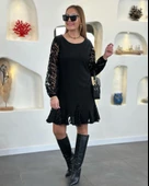 Kadın Uzun Kollu Yuvarlak Yaka Kol Ve Etek Ucu Dantelli Kısa Ithal Krep Elbise thumbnail 1