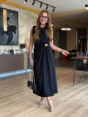 Kadın Sıfır Kollu Bisiklet Yaka Belden Büzgülü Yırtmaç Detaylı Janjan Krep Elbise thumbnail 1