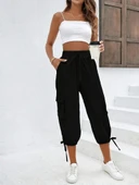 Kadın Yüksek Bel Beli Lastikli Bağcıklı Cepli Kargo Viskon Iki Iplik Pantolon thumbnail 6