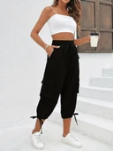 Kadın Yüksek Bel Beli Lastikli Bağcıklı Cepli Kargo Viskon Iki Iplik Pantolon thumbnail 3