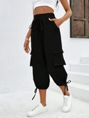 Kadın Yüksek Bel Beli Lastikli Bağcıklı Cepli Kargo Viskon Iki Iplik Pantolon thumbnail 1