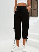 Kadın Yüksek Bel Beli Lastikli Bağcıklı Cepli Kargo Viskon Iki Iplik Pantolon thumbnail 4