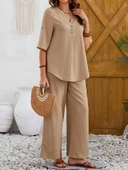 Kadın Kısa Kollu V Hakim Yaka Düğmeli Bürümcük Bluz Ve Pantolon Ikili Takım thumbnail 2