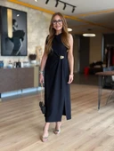 Kadın Sıfır Kollu Bisiklet Yaka Belden Büzgülü Yırtmaç Detaylı Janjan Krep Elbise thumbnail 5