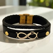 14 Ayar Altın Plakalı Harfe Özel Hakiki Siyah Derili Taç Detaylı Sonsuzluk Figürlü Hediye Bileklik-615 thumbnail 1