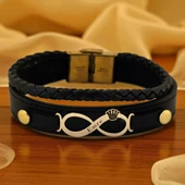 14 Ayar Altın Plakalı İsme Özel Taç Detaylı Sonsuzluk Figürlü Hakiki Siyah Derili Hediye Bileklik-615 thumbnail 1