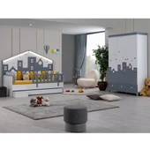 Montessori Çocuk Odası - City Montessori 3 Kapılı Dolap, Yavrulu Karyola - Gri - 1