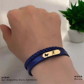 14 Ayar Altın Plakalı Burca Özel Doğal Lacivert Derili Kelebek Motifli Hediye Bileklik-616 thumbnail 3