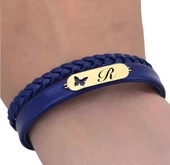 14 Ayar Altın Plakalı Harfe Özel Doğal Lacivert Derili Kelebek Motifli Hediye Bileklik-616 thumbnail 3