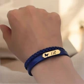 14 Ayar Altın Plakalı Harfe Özel Doğal Lacivert Derili Kelebek Motifli Hediye Bileklik-616 thumbnail 2
