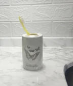 2 ADET SERAMİK DİŞ FIRÇALIK KELEBEK DESENLİ 7X7X11CM BANYO SETİ thumbnail 2