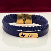 14 Ayar Altın Plakalı Harfe Özel Doğal Lacivert Derili Kelebek Motifli Hediye Bileklik-616 thumbnail 1