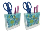 2 ADET KALEMLİK MAVİ ÇİÇEKLİ AKRİLİK OFİS GERECİ 10X10X3CM - 1