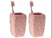 2 ADET SERAMİK DİŞ FIRÇALIK ÇİÇEKLİ PEMBE MODEL 7X7X12CM  BANYO SETİ thumbnail 1