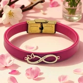 14 Ayar Altın Plakalı İsme Özel Sonsuzluk ve Kelebek Figürlü Doğal Pembe Derili Hediye Bileklik-617 thumbnail 1