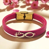 14 Ayar Altın Plakalı Harfe Özel Doğal Pembe Derili Sonsuzluk ve Kelebek Figürlü Hediye Bileklik-617 thumbnail 1
