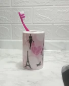 2 ADET SERAMİK DİŞ FIRÇALIK KIZLI PARİS DESENLİ 7X7X11CM BANYO SETİ thumbnail 2