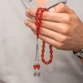 Gümüş Püsküllü Ateş Kehribar Tesbih - 6