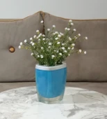 2 ADET VAZO DAHİL,VAZODA ÇİÇEK,BEYAZ YAPAY ÇİÇEK,VAZO DEKORATİF GRİ MAVİ POLİRESİN 8X4X16CM - 2