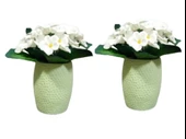 2 ADET VAZO DAHİL,VAZODA ÇİÇEK,BEYAZ YAPAY ÇİÇEK,VAZO YEŞİL PETEK DESENLİ POLİRESİN 8x8x15cm - 1