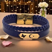 14 Ayar Altın Plakalı Sembole Özel Kelebek Motifli Doğal Lacivert Derili Hediye Bileklik-616 thumbnail 1