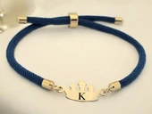 14 Ayar Altın Plakalı Harfe Özel Lacivert Örgü İpli Taç Figürlü Hediye Bileklik-621 thumbnail 1