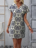 Kadın Kısa Kollu çentik Yaka çiçek Desenli Keten Elbise thumbnail 5