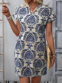 Kadın Kısa Kollu çentik Yaka çiçek Desenli Keten Elbise thumbnail 2