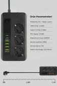 Yussraw Pro P10 3x Priz 3000W Akım Korumalı 4x USB 2x Type-C Girişli Çoklu Priz - 4