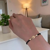 14 Ayar Altın Plakalı Sembole Özel Yuvarlak Figürlü Siyah Örgü İpli Hediye Bileklik-619 thumbnail 2