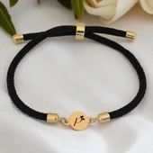 14 Ayar Altın Plakalı Harfe Özel Siyah Örgü İpli Yuvarlak Figürlü Hediye Bileklik-619 thumbnail 1