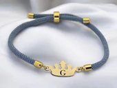 14 Ayar Altın Plakalı Harfe Özel Mavi İpek Örgülü Taç Motifli Hediye Bileklik-620 thumbnail 1