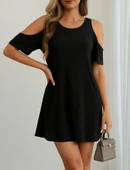 Kadın Kısa Kollu Omuz Pencere Detay Kiloş Viskon Elbise thumbnail 1