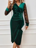 Kadın Uzun Kollu Kruvaze Yakalı Yandan Düğmeli önden çapraz Kesin Detaylı Midi Kadife Elbise thumbnail 2