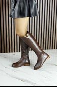 Erkan Saçmacı Kahverengi Hakiki Dana Derisi Metal Aksesuarlı Fermuarlı Yuvarlak Burun Kalın Topuklu Çizme - 4