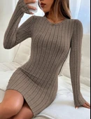 Kadın Uzun Kollu Bisiklet Yaka şardonlu Kalın Fitilli Kaşkorse Mini Boy Elbise thumbnail 4