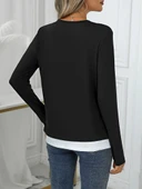 Kadın Uzun Kollu V Yakalı çift Renkli Viskon Iki Iplik Bluz thumbnail 4