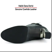 Erkan Saçmacı Siyah Hakiki Dana Derisi Tokalı Fermuarlı Sivri Burun Kalın Topuklu Günlük Yarım Çizme - 8