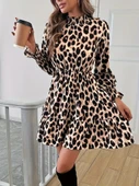 Kadın Uzun Kollu Yarı Balıkçı Yaka Leopar Desenli Modal Mini Elbise thumbnail 5