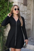 Kadın Uzun Kollu Hakim Yaka Ayarlanabilir Fermuar Dekolteli Mini Elbise thumbnail 4