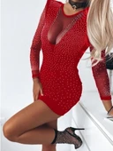 Kadın Uzun Kollu Yuvarlak Yaka Dekolteli Taşlı Dalgıç Elbise thumbnail 3