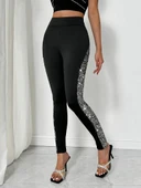 Kadın Yüksek Bel Yarı şerit Pul Payetli Dalgıç Tayt thumbnail 5